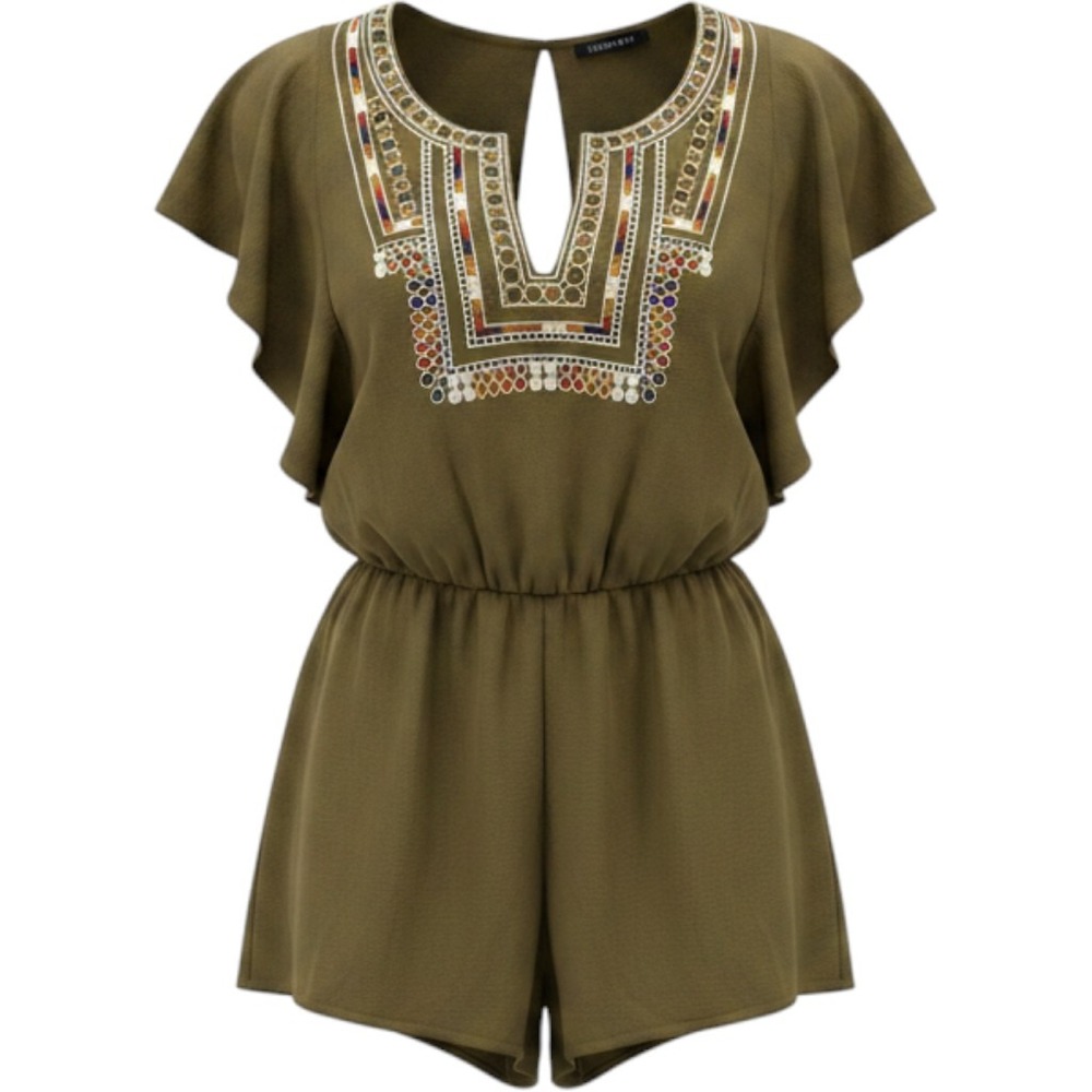 Lulumari Romper Jumpsuit Womens Small Olive Green Keyhole Back Embroidered Boho